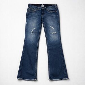 True Religion Distressed Flare Jeans in Dark Blue